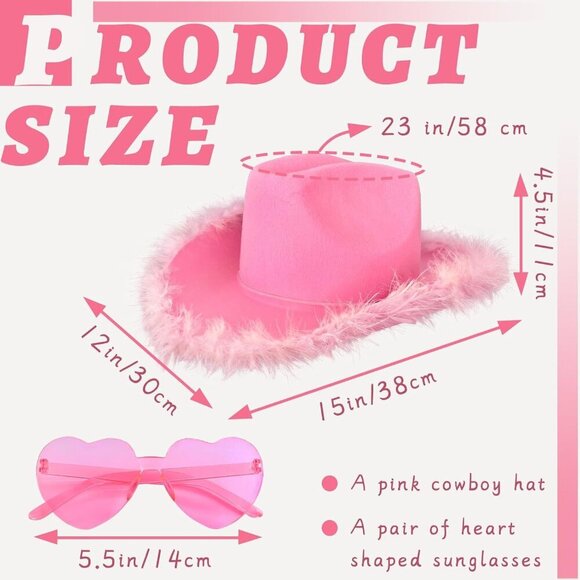 Pink Felt Cowboy Hat with Feather Boa and Heart Sunglasses Costume Accessory - Picture 2 of 7